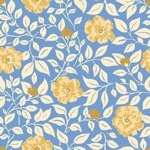 Small - Yellow on Cornflower blue - modern retro floral - Romantic Cottagecore Flowers - Grandmillennial Garden Party Botanical