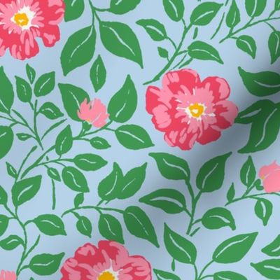 Medium - Pink and green on Fog light blue - modern retro floral - Romantic Cottagecore Flowers - Grandmillennial Garden Party Botanical