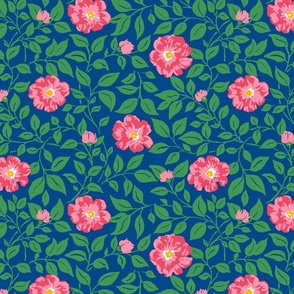 Medium - Pink and green on Honor Blue - modern retro floral - Romantic Cottagecore Flowers - Grandmillennial Garden Party Botanical