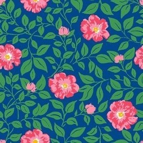 Small - Pink and green on Honor Blue - modern retro floral - Romantic Cottagecore Flowers - Grandmillennial Garden Party Botanical