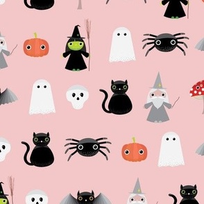 Midi - Spooky Geometric Halloween Cute Characters & Cobwebs - Rose Blush Pink