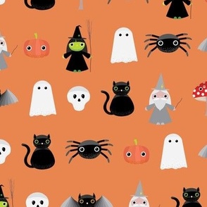 Midi - Spooky Geometric Halloween Cute Characters & Cobwebs - Burnt Orange