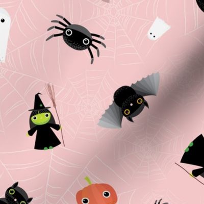 Midi - Spooky Tossed Halloween Cute Characters & Cobwebs - Rose Blush Pink