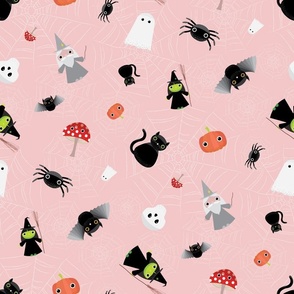 Midi - Spooky Tossed Halloween Cute Characters & Cobwebs - Rose Blush Pink