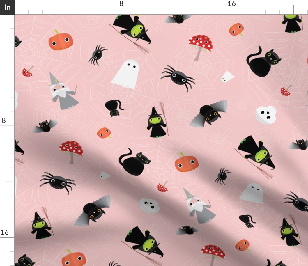 Midi - Spooky Tossed Halloween Cute Characters & Cobwebs - Rose Blush Pink