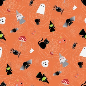 Midi - Spooky Tossed Halloween Cute Characters & Cobwebs - Burnt Orange