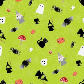 Midi - Spooky Tossed Halloween Cute Characters & Cobwebs - Lime Green