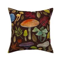 Watercolour toadstools and Autumn leaves  -  red, grey and green on  dark brown - large scale