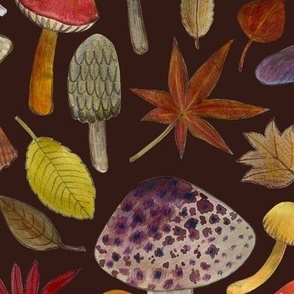 Watercolour toadstools and Autumn leaves  -  red, grey and green on  dark brown - large scale