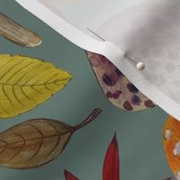 Watercolour toadstools  and Autumn leaves  -  red, grey and green on  heritage green-grey - large scale by Cecca Designs