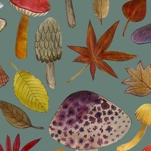 Watercolour toadstools  and Autumn leaves  -  red, grey and green on  heritage green-grey - large scale by Cecca Designs