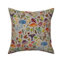 Watercolour toadstools  and Autumn leaves  -  red, grey and green on  light grey gray - medium small - Cecca Designs