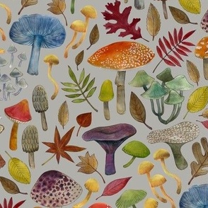 Watercolour toadstools  and Autumn leaves  -  red, grey and green on  light grey gray - medium small - Cecca Designs