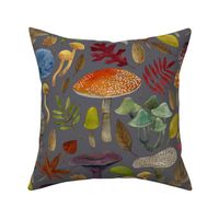 Watercolour toadstools and Autumn leaves  -  red, grey and green on  mid grey - large scale by Cecca Designs