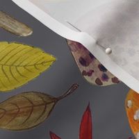 Watercolour toadstools and Autumn leaves  -  red, grey and green on  mid grey - large scale by Cecca Designs