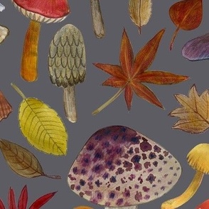 Watercolour toadstools and Autumn leaves  -  red, grey and green on  mid grey - large scale by Cecca Designs