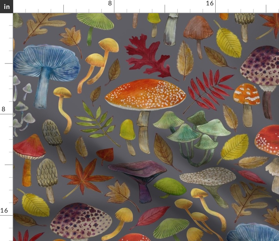 Watercolour toadstools and Autumn leaves  -  red, grey and green on  mid grey - large scale by Cecca Designs