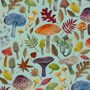 Watercolour toadstools and Autumn leaves  -  red, grey and green on  sky - small scale by Cecca Designs