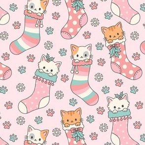 Kitties in Christmas Stockings on Pink (Medium Scale)