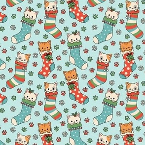 Kitties in Christmas Stockings on Blue (Small Scale)