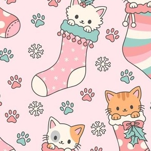 Kitties in Christmas Stockings on Pink (Large Scale)