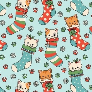 Kitties in Christmas Stockings on Blue (Medium Scale)