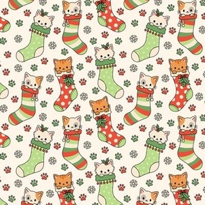 Kitties in Christmas Stockings on Beige (Small Scale)