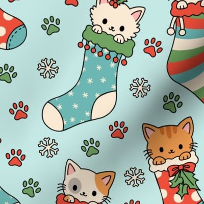 Kitties in Christmas Stockings on Blue (Large Scale)