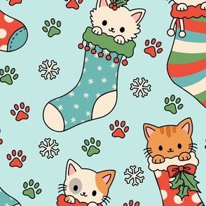 Kitties in Christmas Stockings on Blue (Large Scale)