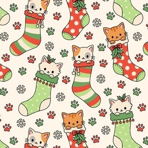 Kitties in Christmas Stockings on Beige (Medium Scale)