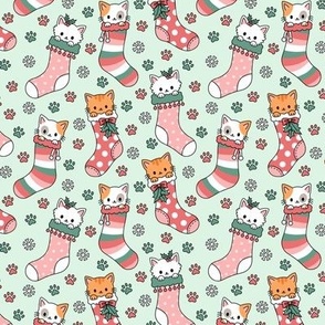 Kitties in Christmas Stockings on Mint Green (Small Scale)
