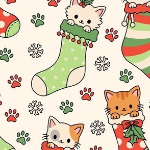 Kitties in Christmas Stockings on Beige (Large Scale)