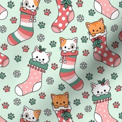 Kitties in Christmas Stockings on Mint Green (Medium Scale)