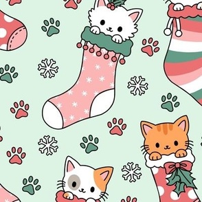 Kitties in Christmas Stockings on Mint Green (Large Scale)