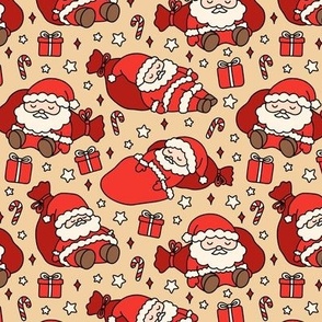 Sleeping Santas with Light Skin on Beige (Small Scale)