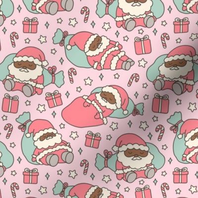 Sleeping Santas with Dark Skin on Pink (Small Scale)