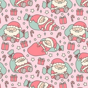 Sleeping Santas with Light Skin on Pink (Small Scale)