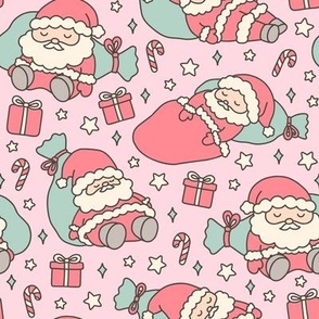 Sleeping Santas with Light Skin on Pink (Large Scale)
