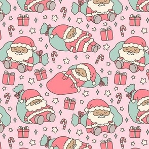 Sleeping Santas with Medium Skin on Pink (Small Scale)