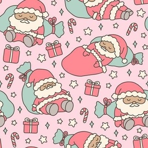 Sleeping Santas with Medium Skin on Pink (Large Scale)