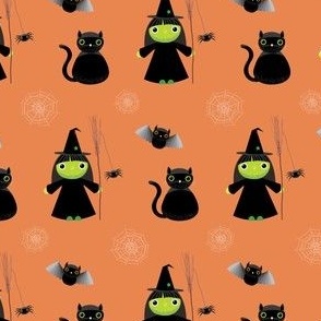 Midi - Cute Geometric Halloween Witch, Black Cat, Spider, Bat & Cobwebs - Burnt Orange