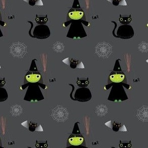 Midi - Cute Geometric Halloween Witch, Black Cat, Spider, Bat & Cobwebs - Charcoal Gray & Black