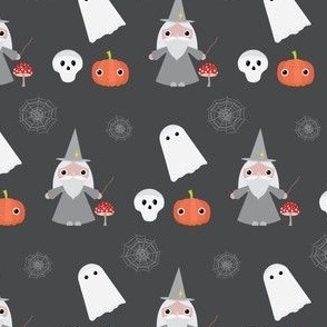 Midi - Cute Geometric Halloween Wizard, Ghost, Skull, Pumpkin, Mushroom & Cobwebs - Charcoal Gray