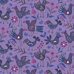 Tribal Birds and Flowers in Purple and Lilac Large Scale