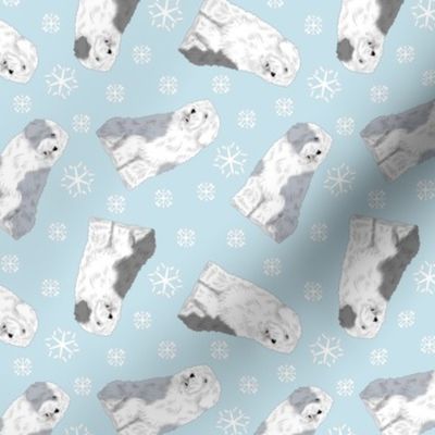 Tiny Old English Sheepdog - winter snowflakes