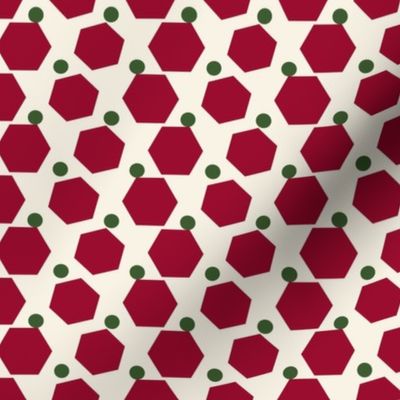 Hexagon Dot pattern Red & Green on  Creamy White