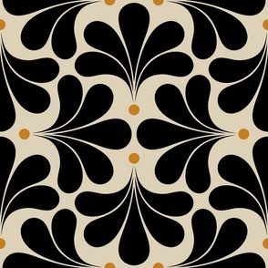 In Bloom Art Deco Geometric Floral- Classic Minimalist Flowers- Neutral Mid Century Modern Wallpaper- 20s- 70s Vintage- Black on Beige Background- Golden Dots- Medium