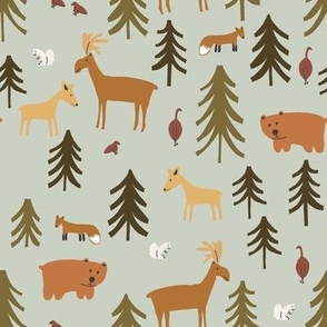 Forest Animals Upright in Light Blue and Earth Tones