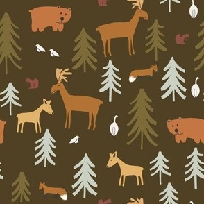 Forest Animals Upright in Dark Olive Green and Earth Tones