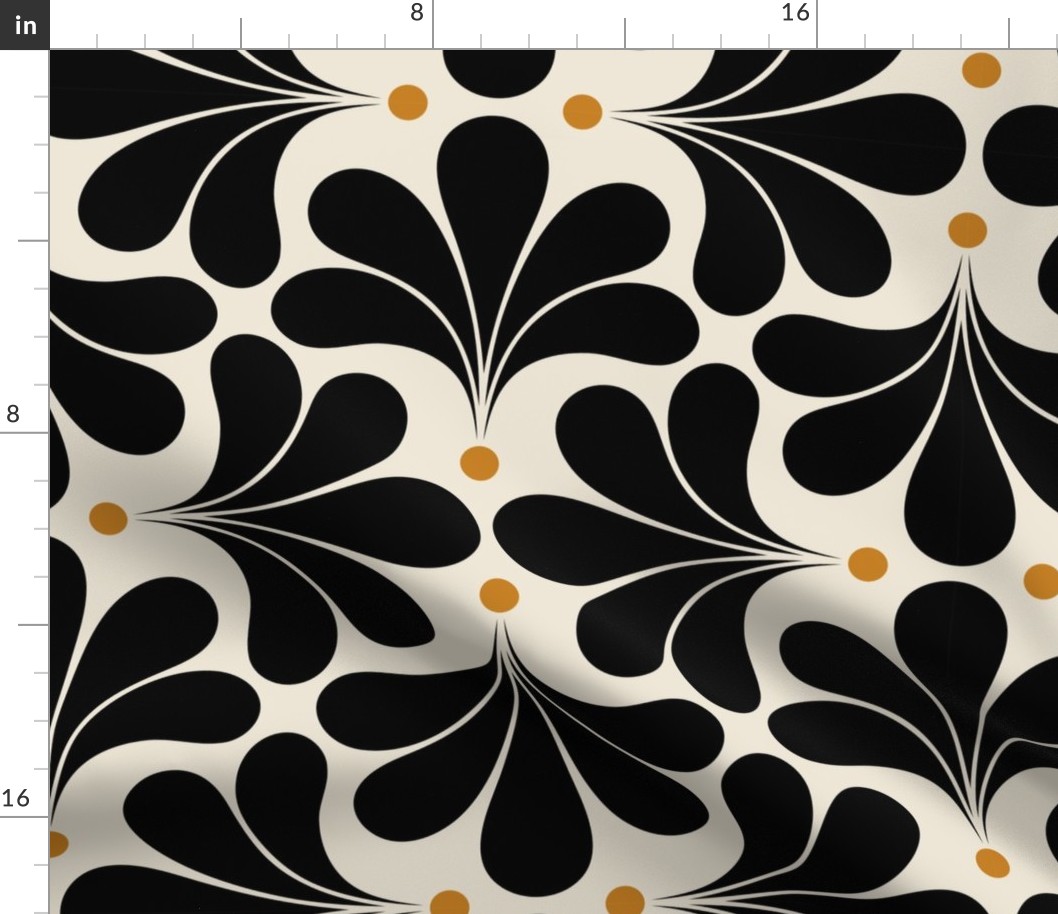 In Bloom Art Deco Geometric Floral- Classic Minimalist Flowers- Neutral Mid Century Modern Wallpaper- 20s- 70s Vintage- Black on  Light Beige Background- Golden Dots- Medium